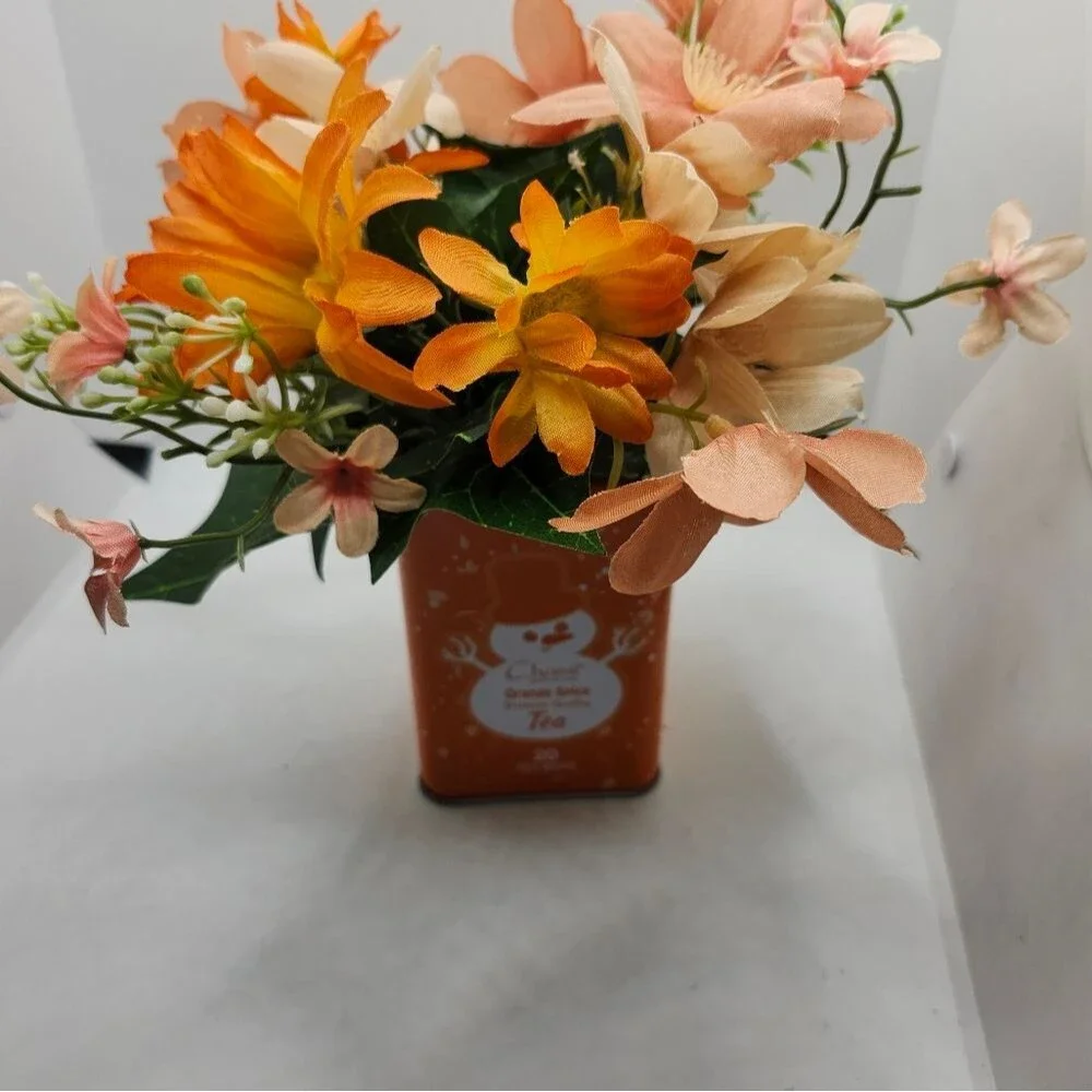 Hand Crafted Floral Table Centerpiece Spring Peach Dairy Tea Tin